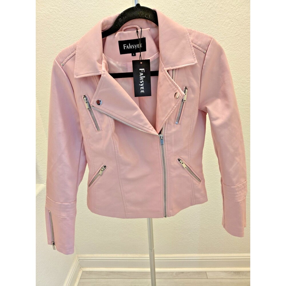Fahsyee S Faux Leather Moto Biker Jacket Womens Pink Quilted Shoulder NWT Coat